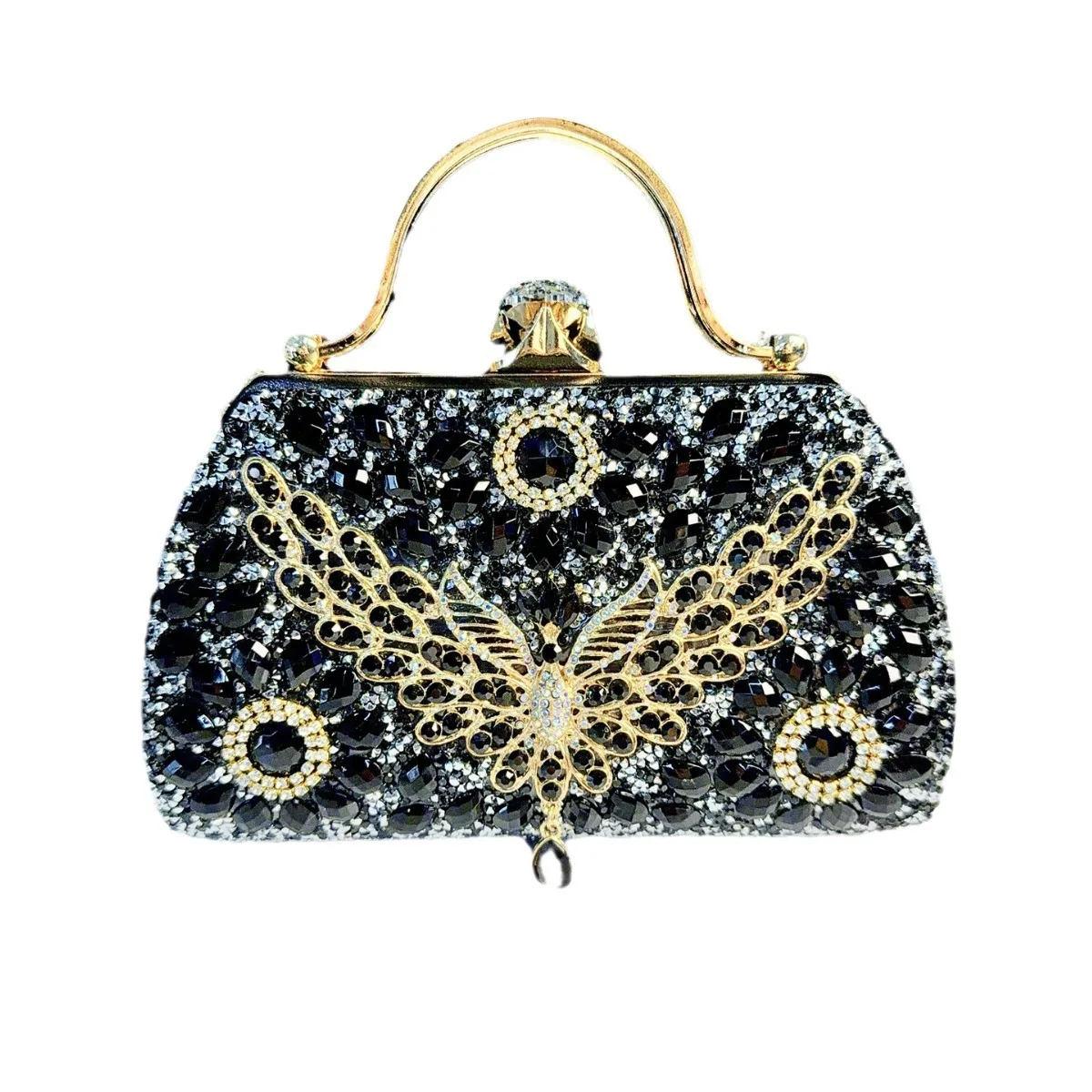 2026Black Base Hollow Gold Butterfly Ring Metal Top Handle Clutch Bag Women Retro Glam Evening Handbag For Formal Wedding Runway