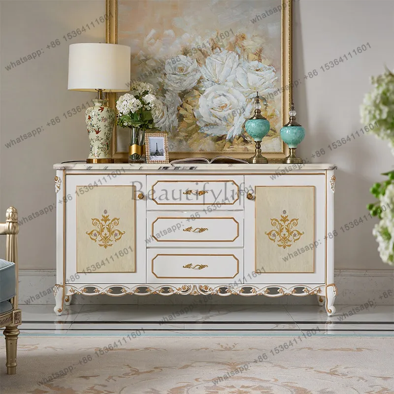 

French light luxury solid wood dining side cabinet European retro hand-carved entrance cabinet