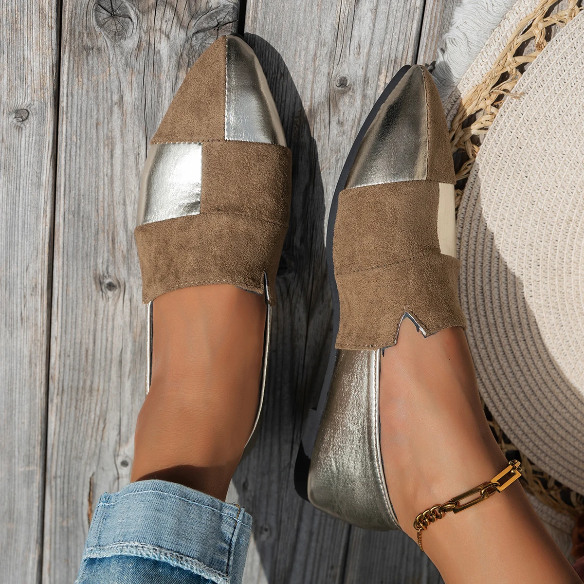 レディースカラーブロックポインテッドトゥローファー：スリッポンカジュアルシューズ、スタイリッシュ通勤通学靴