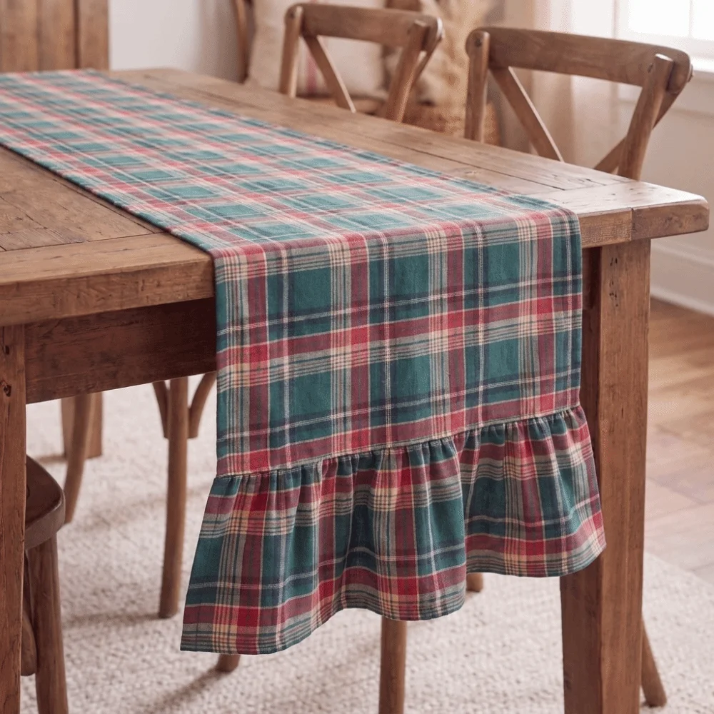 Double Ended Lotus Leaf Edge Christmas Table Runner Rustic Style Washable Ruffle Edge Table Flag Vintage Checkered