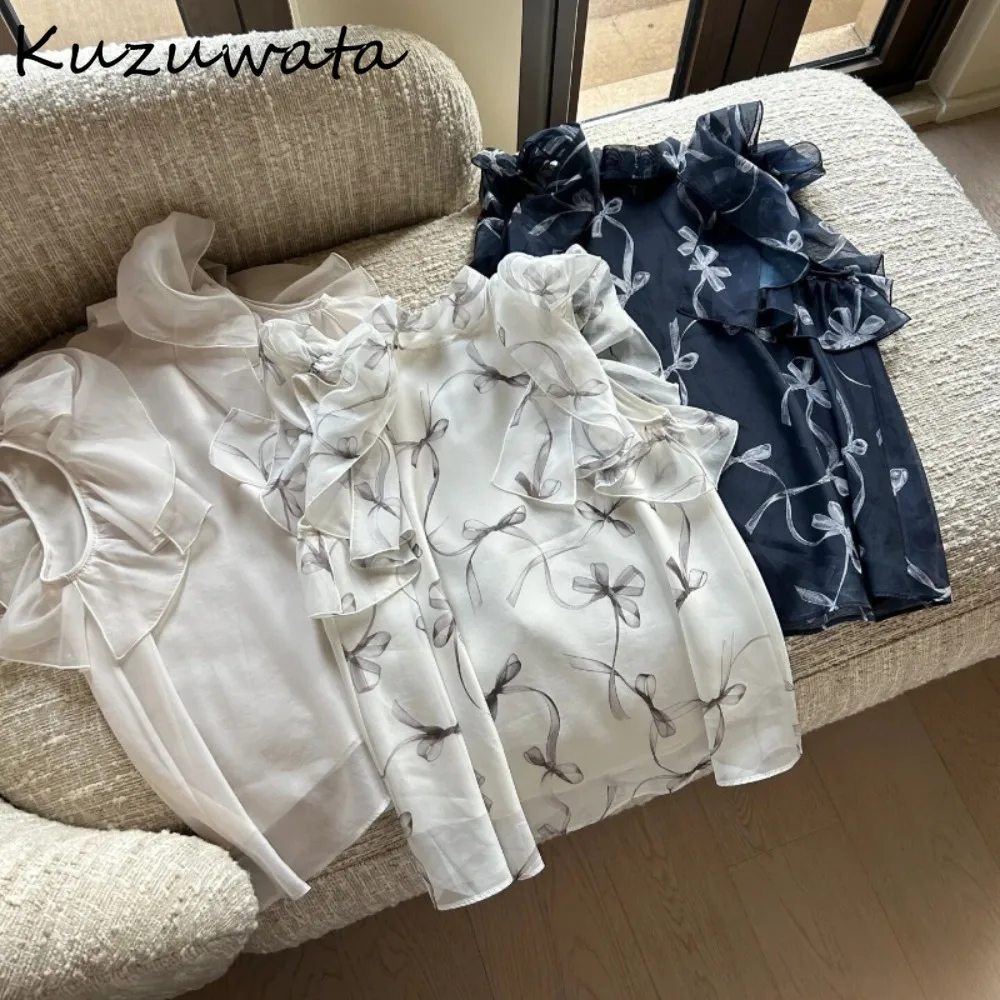 

Kuzuwata Fresh All-match Simple Minority Shirt Pullover Print Ruched Stand Collar Flying Sleeve Blusas Japan Bow Chiffon Blouses
