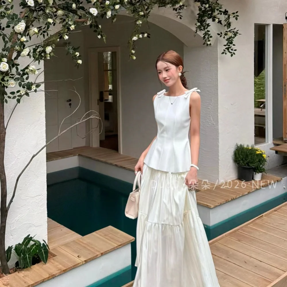 Korean Style Waist Cinching Ship Collar Bow Decoration Top Women's Temperament Commuting Skirt Style Hem Sleeveless Top