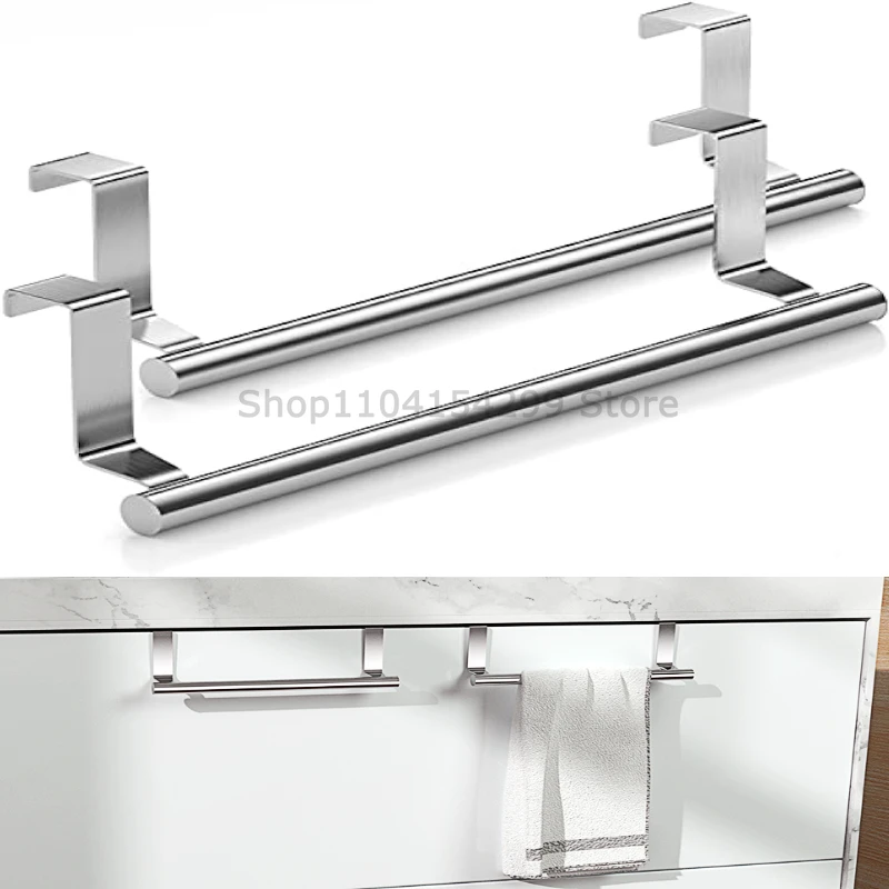 1/2p Towel Rod Steel Metal Wire Over Cabinet Towel Rack Storage Organizer Bathroom Door Hanging Towel Rack Punch-free Rag Hanger