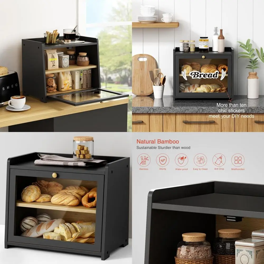 

Large Wood Kitchen Bread Box, Black Countertop Bread Storage Container for Homemade Loaves, Farmhouse Style Organizer for Pantry