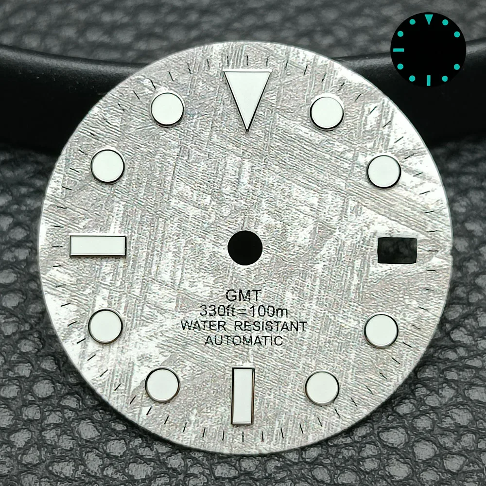 GMT Dial NH34 Meteorite Pattern Design 28.5mm Left Hand GMT Dial Blue Glow Custom Logo Case Parts