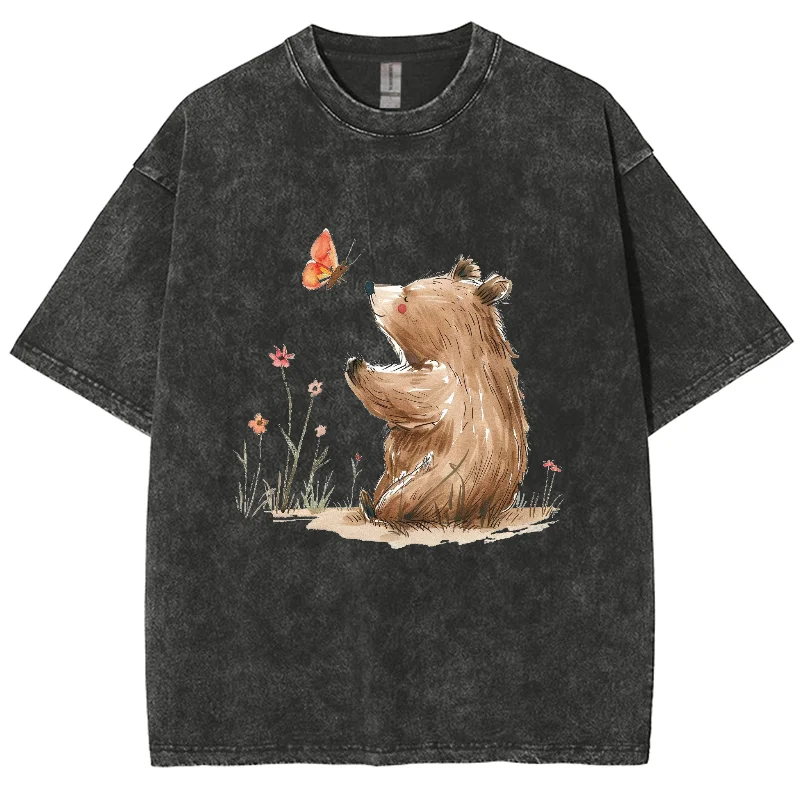 

Cute Contrasting Color Bear Butterfly T-Shirt Round Neck Loose Old Retro Washed Denim Fashion Cartoon New Printed Short Sleeves