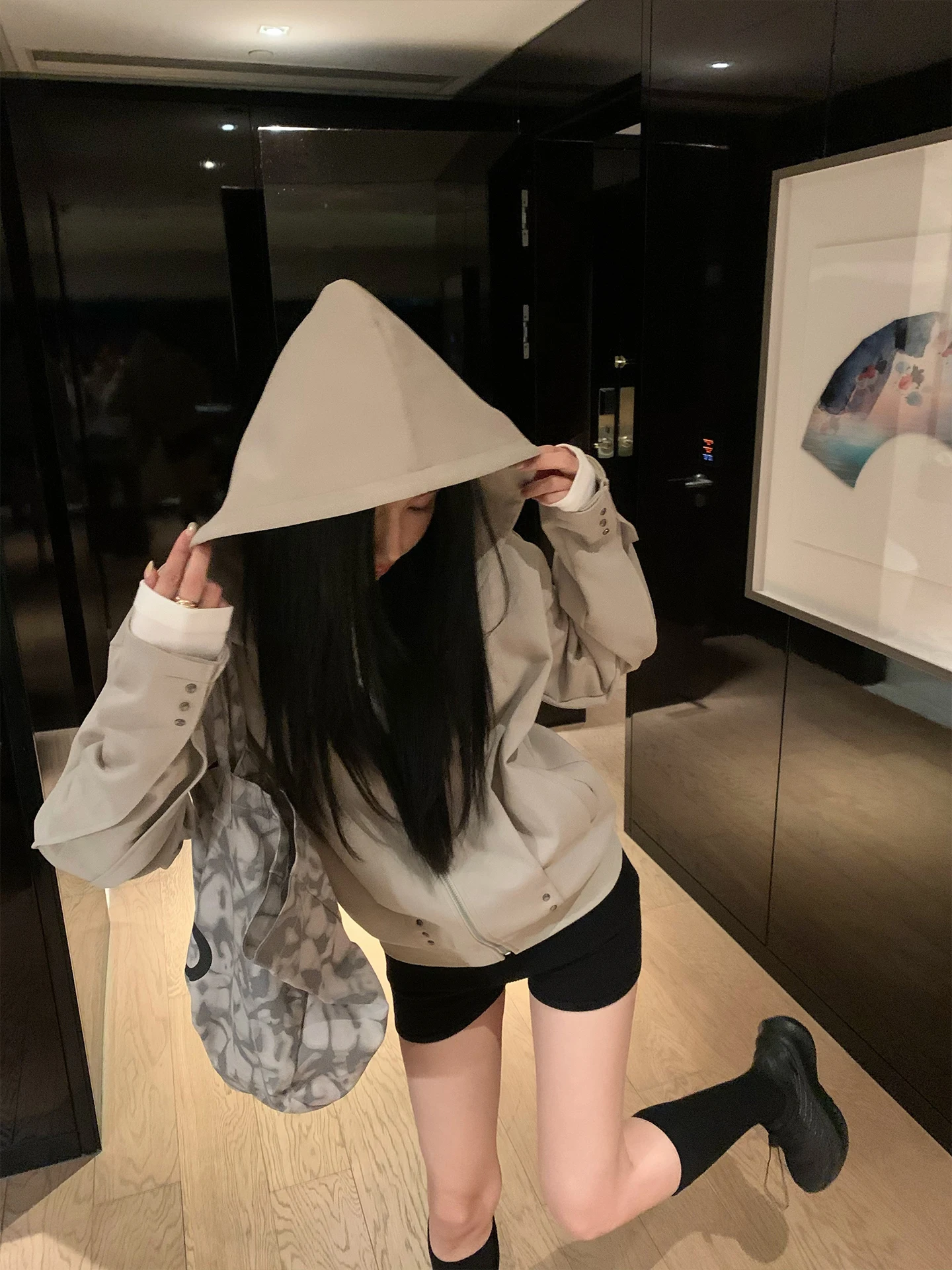 

Korean Sle Long Sve Hoodie Jaet Women's Casual Faion Collide Nail Design Sense Open Cardigan Cotton Polyester Blend