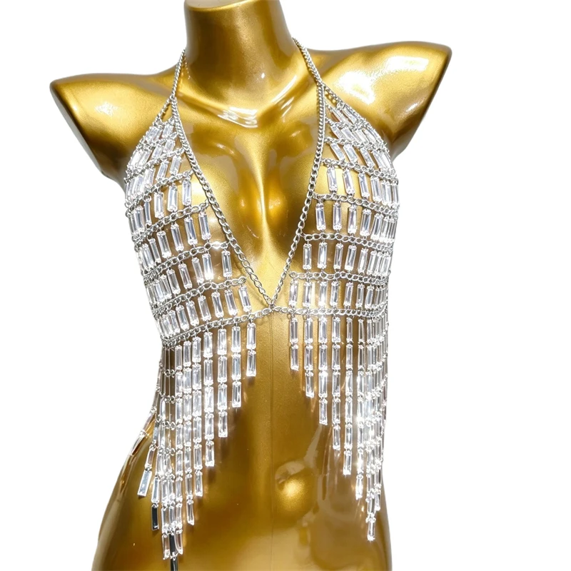 Damen Baguette-Strass-Quasten-Körperkette BH Sexy Kristall-Fransen-Neckholder Y2K Crop Top Nachtclub Party Festival Bikini Schmuck – Detail 2