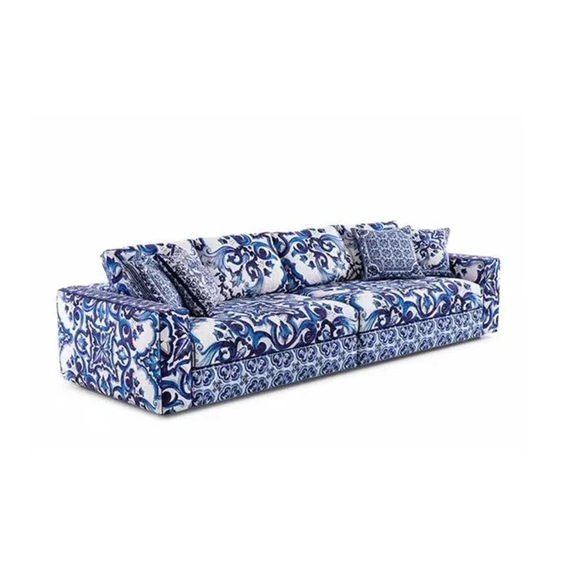Light luxury art blue and white porcelain fabric combination sofa villa living room high-end multi-person sofa chair