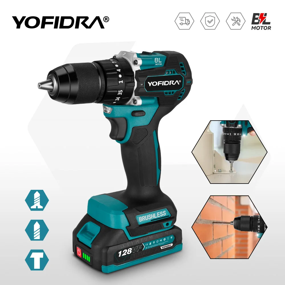 YOFIDRA 35+2 Drehmoment 13MM Bürstenloser Elektrischer Schlagbohrer Kabelloser Holzbearbeitungs-Schraubendreher Elektrowerkzeug für Makita Akku