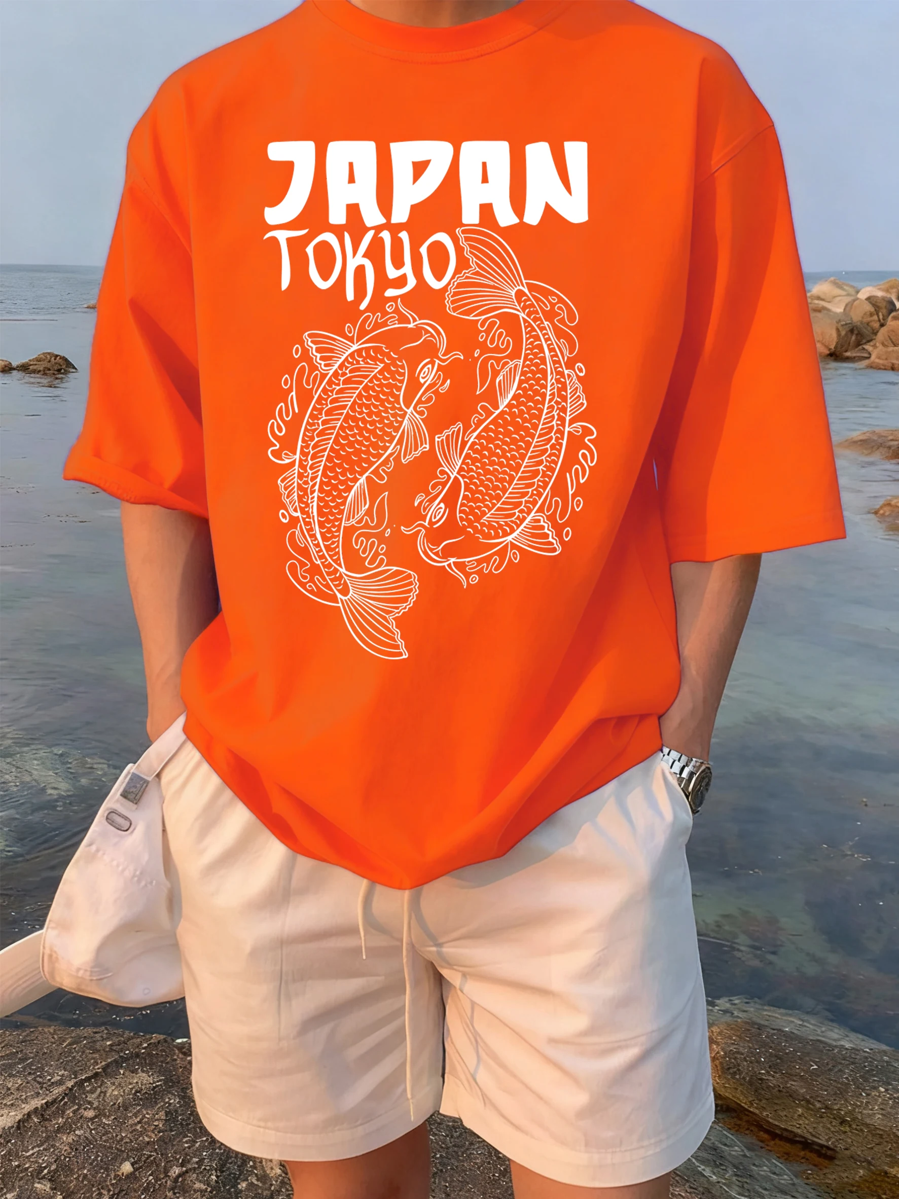 Camisetas con estampado de Koi de Harajuku de Tokio, Japón, camiseta de algodón que combina con todo, camisetas cómodas con cuello redondo, ropa holgada Unisex de moda de verano
