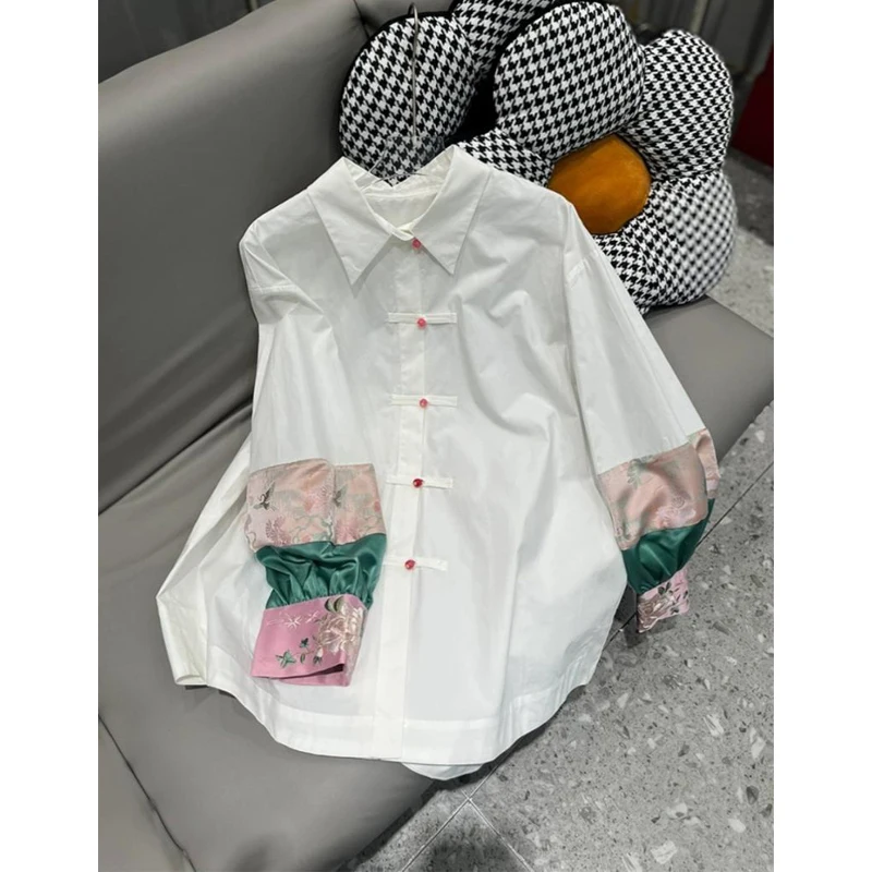 Autumn Women Chinese Vintage Embroidery Shirts High Quality Tang Style Design Patchwork Blouses Elegant Long Sleeve Loose Tops