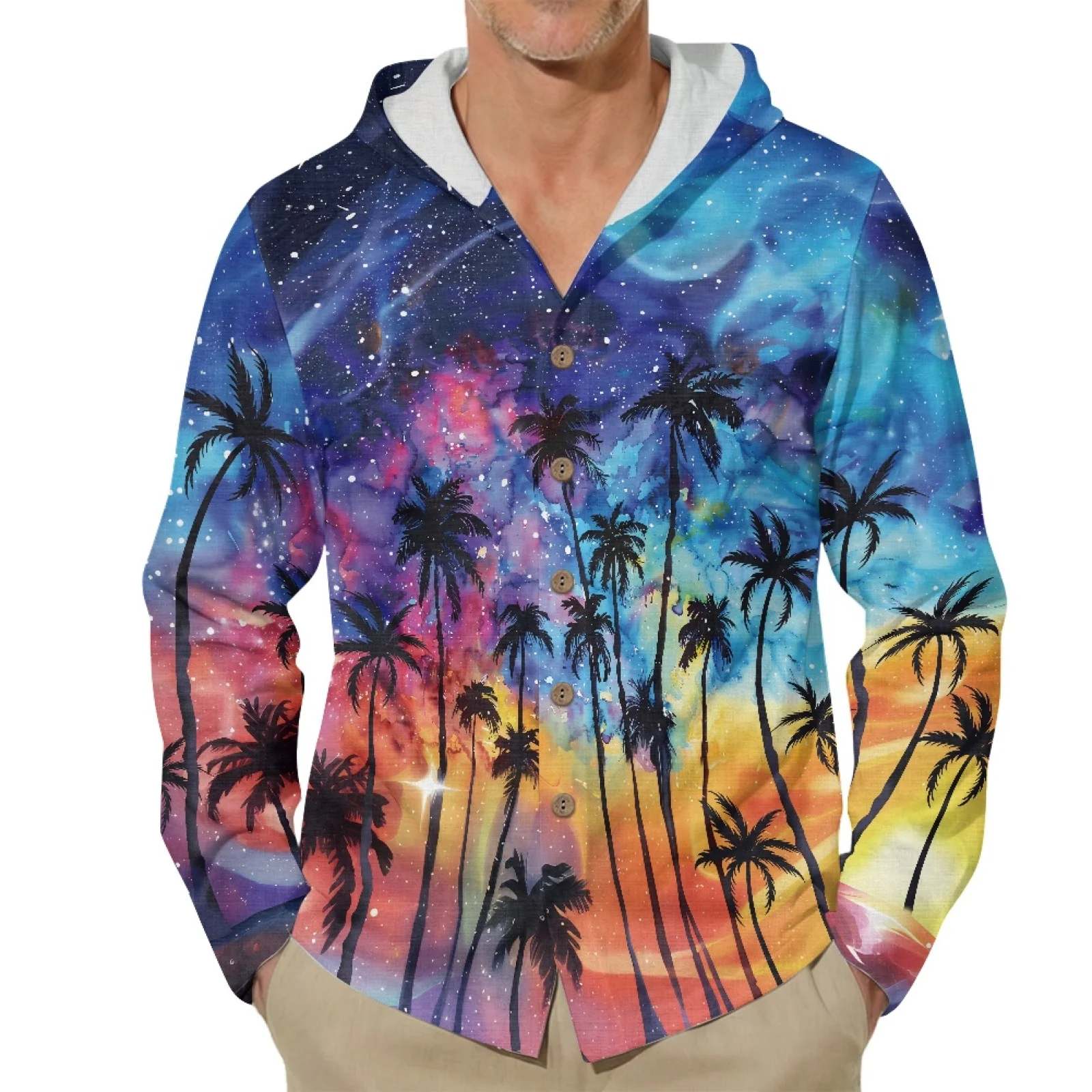 PENSTROLL Palm Trees Pattern Long Sleeve Casual Beach Top for Adult Linen Style Hoodie Tops Pullover Tops