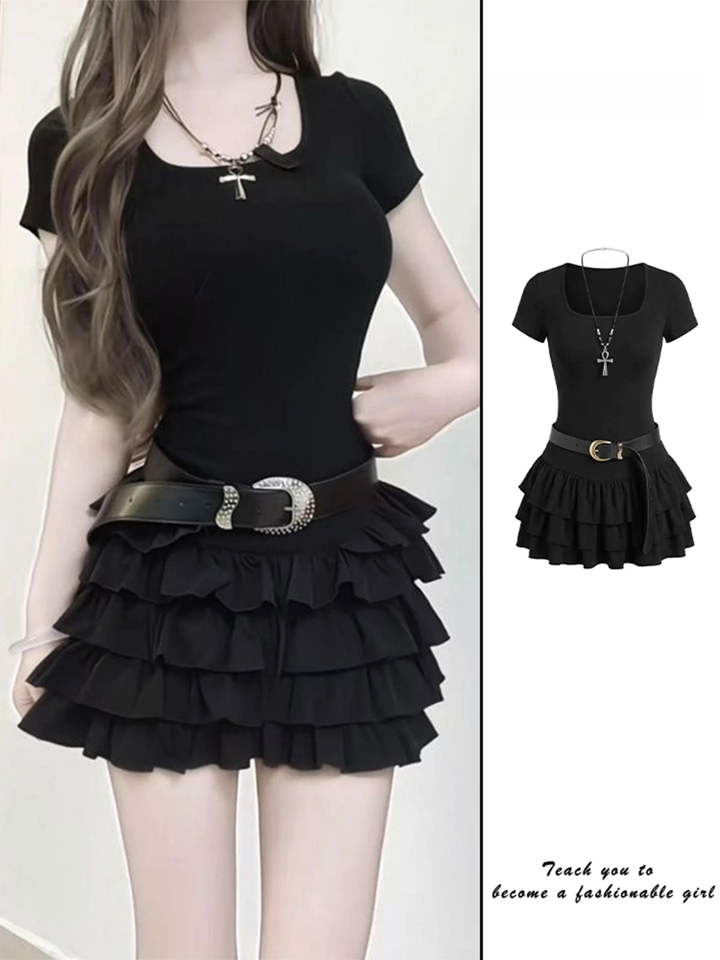Y2K Spicy Girl Black Waist-Cinching Dress Women's Summer New Pure Desire Lace Trim Cake Puffy Short Skirt Women's Fashion