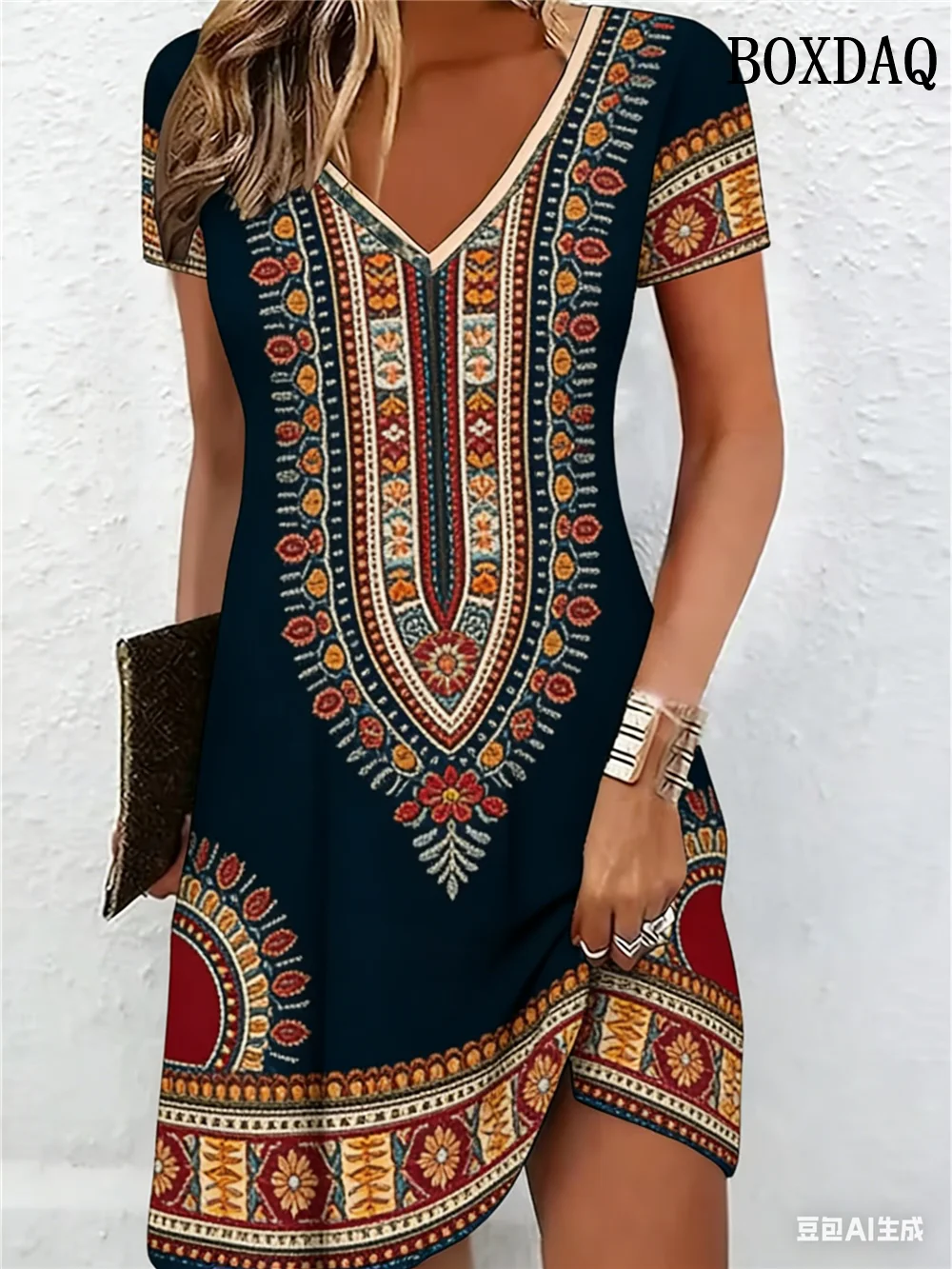 Damenkleid im Ethno-Stil, V-Ausschnitt, bedruckt, Kontrastfarbe, geometrischer Druck, Pullover, lockeres Kurzarm-Midikleid, Übergröße, Sommer