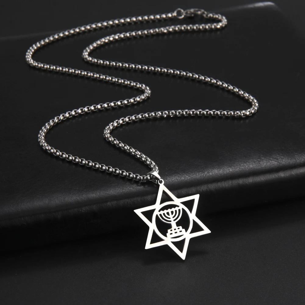 Vintage Hexagram Menorah Pendants Necklace Stainless Steel Star Of David Box Chains Necklaces Women Men Jewish Amulet Jewelry