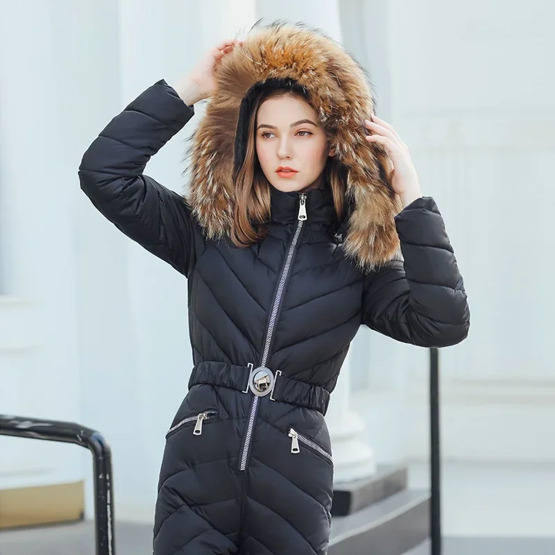 Women Zipper Slim Fit Plush Hooded Warm Jumpsuits Winter Parkas Jumpsuits Women's Long Sleeve Stand Collar Parkas Jumpsuits