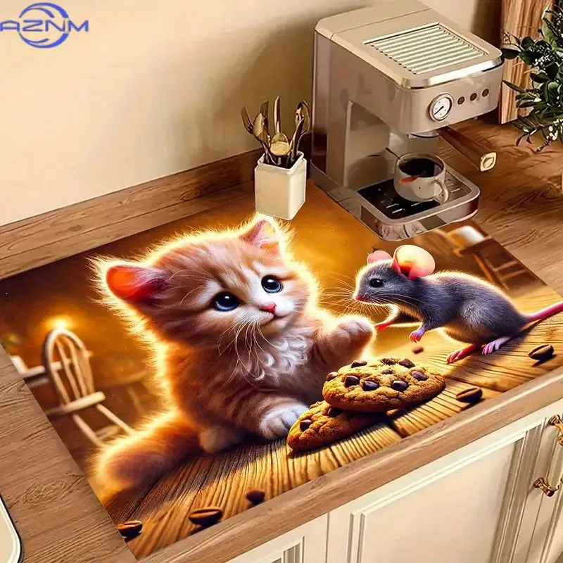 Kawaii Kitten Mouse Cookie Print Drying Mat Super Absorbent Non-slip Kitchen Counter Drain Pad