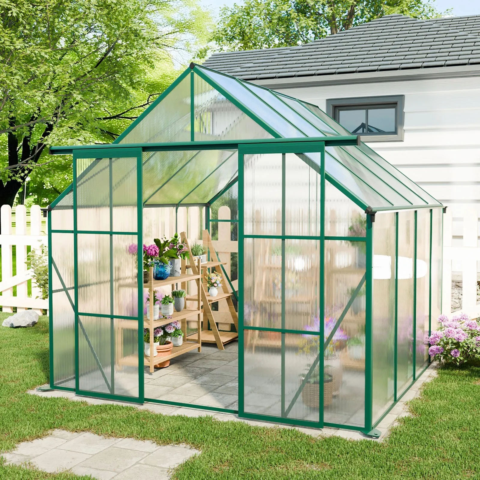 Double Door Polycarbonate Green Greenhouse with Galvanized Base and Anchor