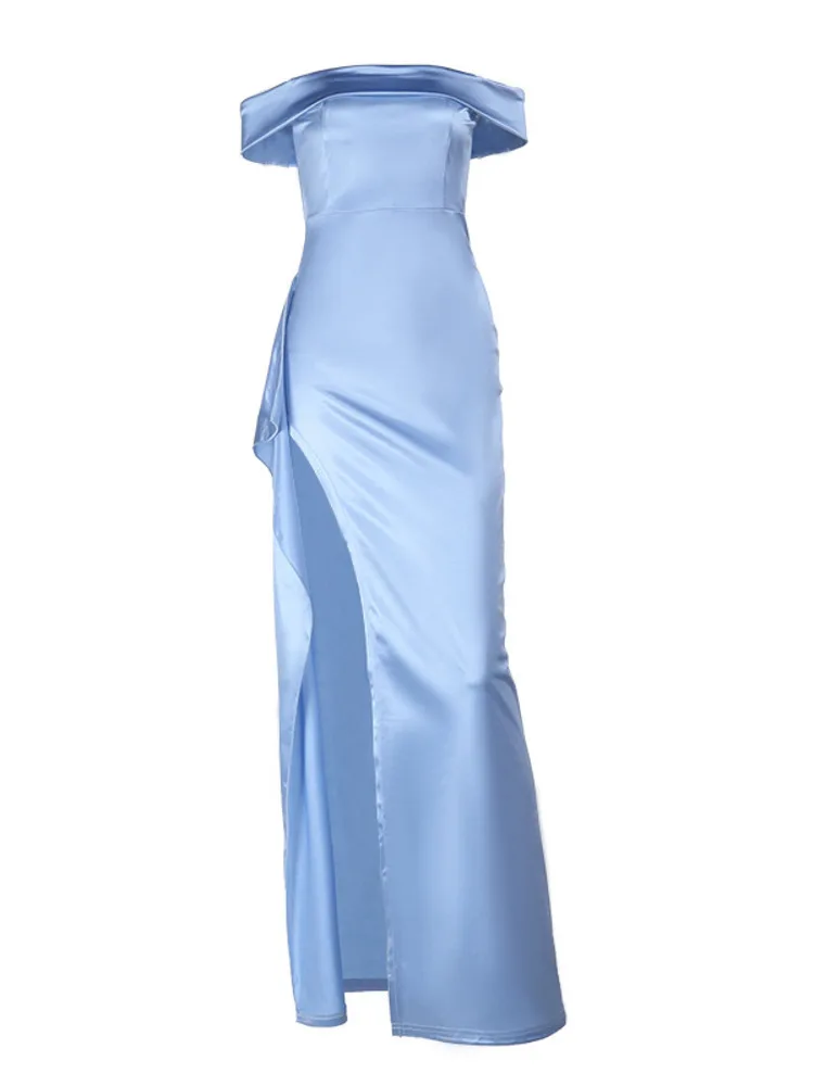 Elegancka sukienka damska z odkrytymi ramionami, dopasowana, długa, seksowna, z odkrytymi plecami i rozcięciem, satynowa sukienka na imprezę, do klubu, wieczorowa, nowość 2025