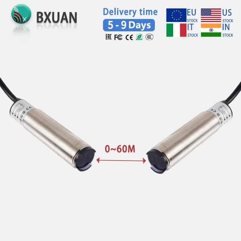 Through beam M18 metal photoelectric switch sensor NPN PNP DC12-24V AC90~250V detection distance 60m adjustable NO/NC