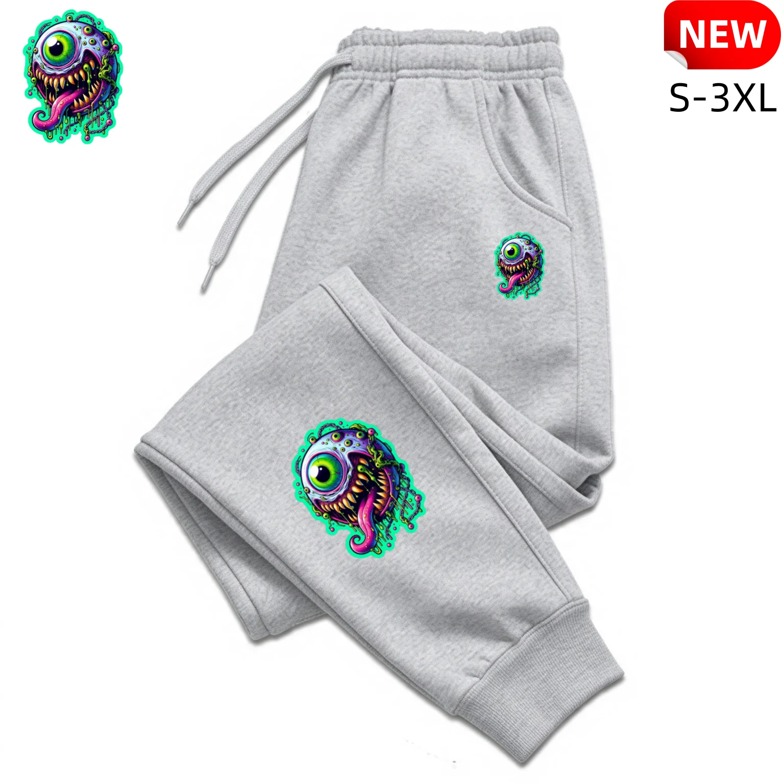 Men Casual Jogger Sweatpants One-Eyed Monster Print Elastic Drawstring Waist Pocket Street Trousers S-3XL