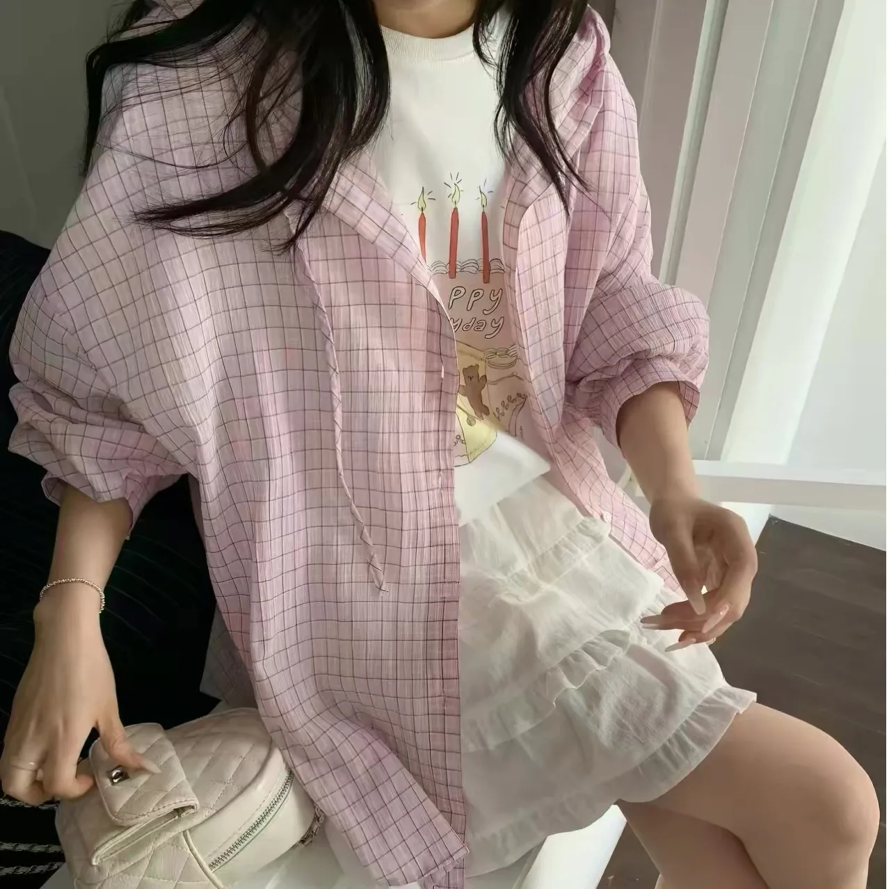 Spring Autumn Plaid Pink Hooded Women's Sun Protection Shirt Loose Fit Long Sleeve Polyester Fiber Versatile Style Summer 2026
