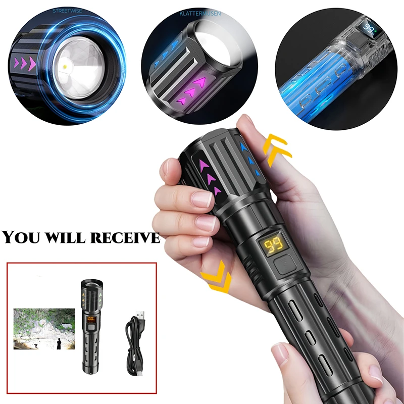 Most Powerful LED Flashlight Type-C USB Rechargeable Long Range Flashlights 3 Lighting Modes Telescopic Zoom Torch