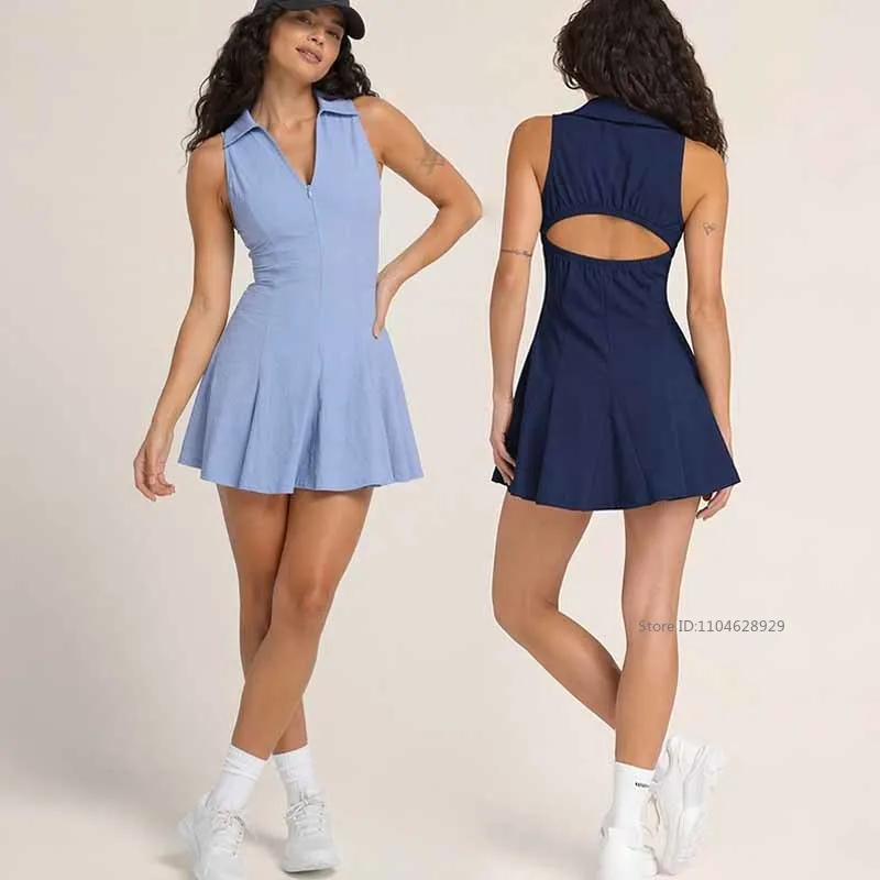 Summer Tennis Skirt Women Golf Polo Tank Dress with Short Ladies V-Neck Pleated Workout Dresses A-lined Slim Fitness Golf Skorts