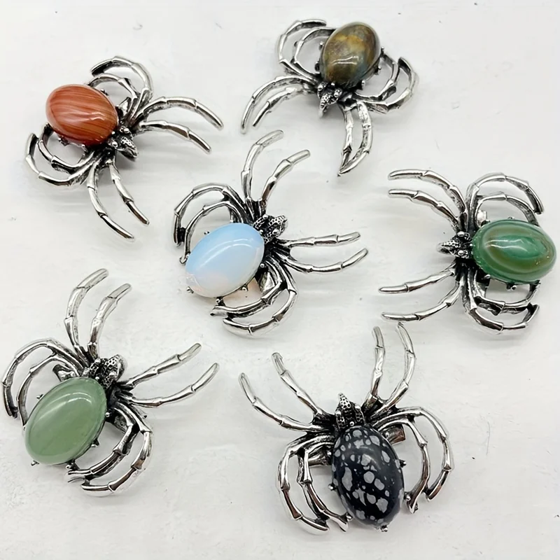 Natural Gem Stone Spider Brooch for Backpacks Jackets Hats Pants Jewelry Accessory Natural Quartz Halloween Spider Pin Brooch