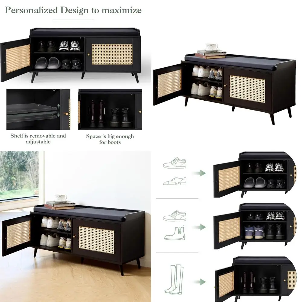 パッド入りシートシューズ収納キャビネット、39.3W x 13.8D x 18.9H、家庭用2ドア玄関家具