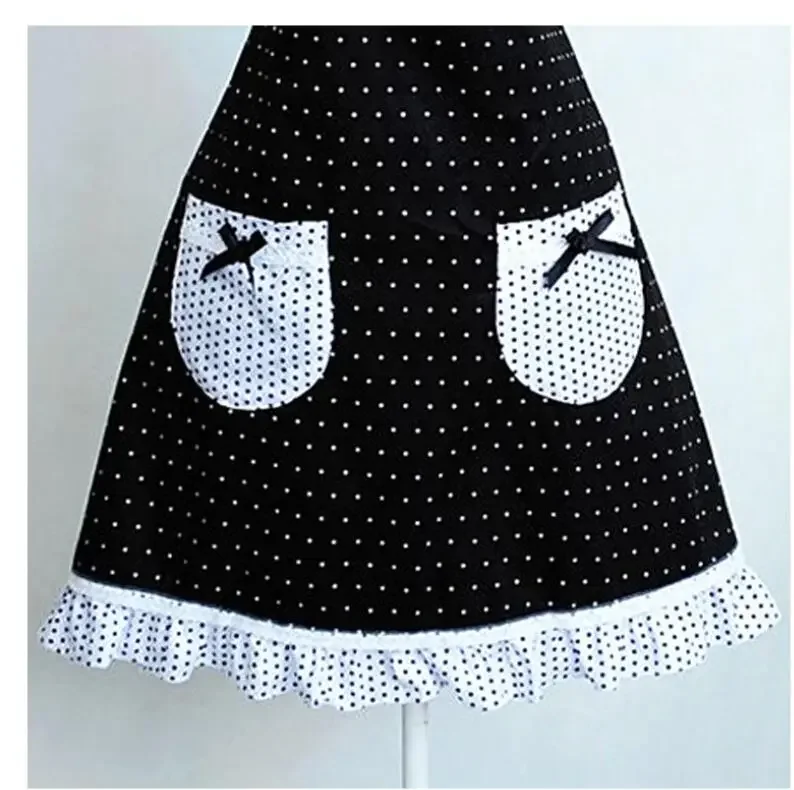 Kitchen Baking Aprons Princess Frill Lace Black White Dot Kitchen Cooking Aprons for Women with Pockets Cross Back