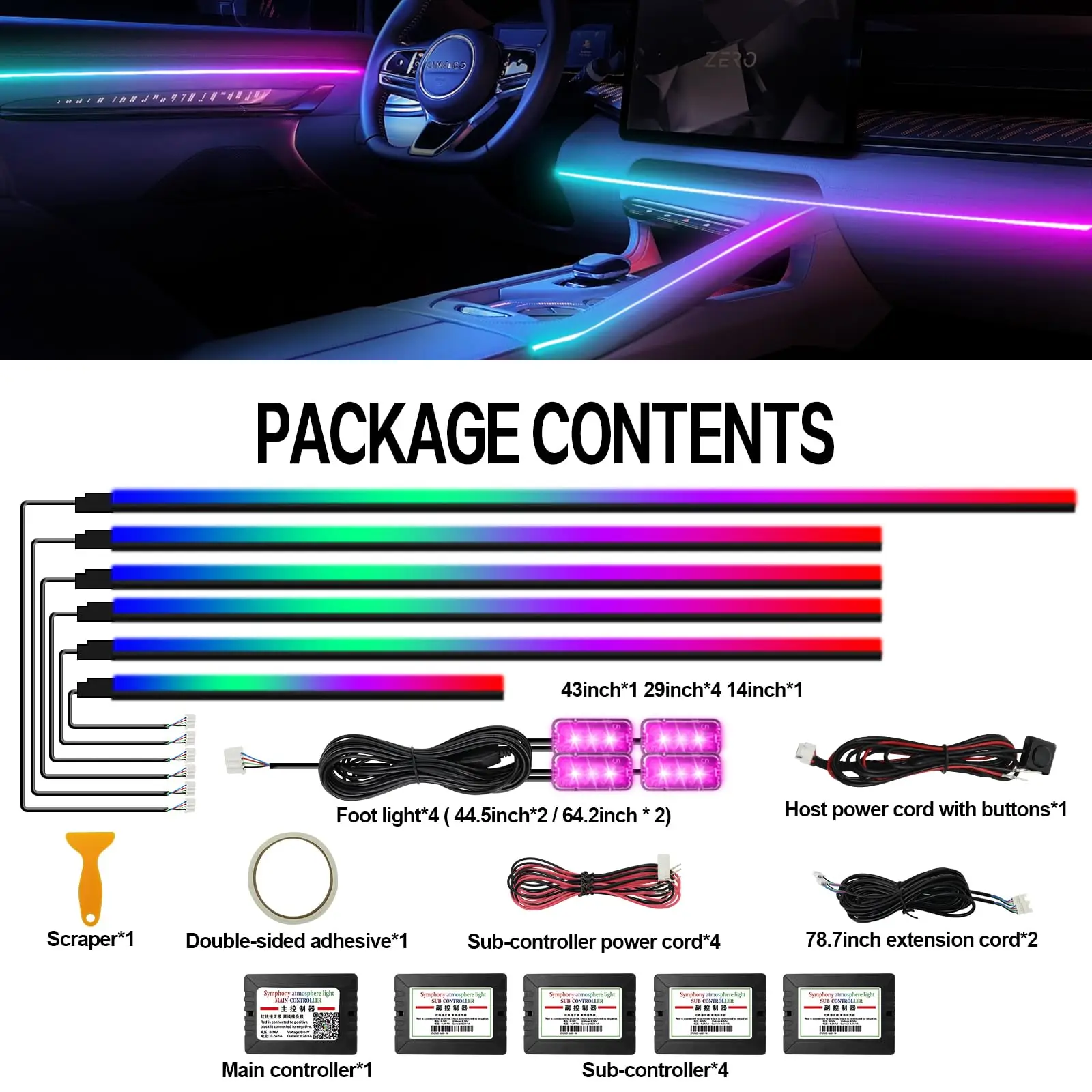 RGB 64 Color LED Acrylic Strip Light Symphony Streamer Car Ambient Lights Interior  Decoration Atmosphere Lamp APP Remote
