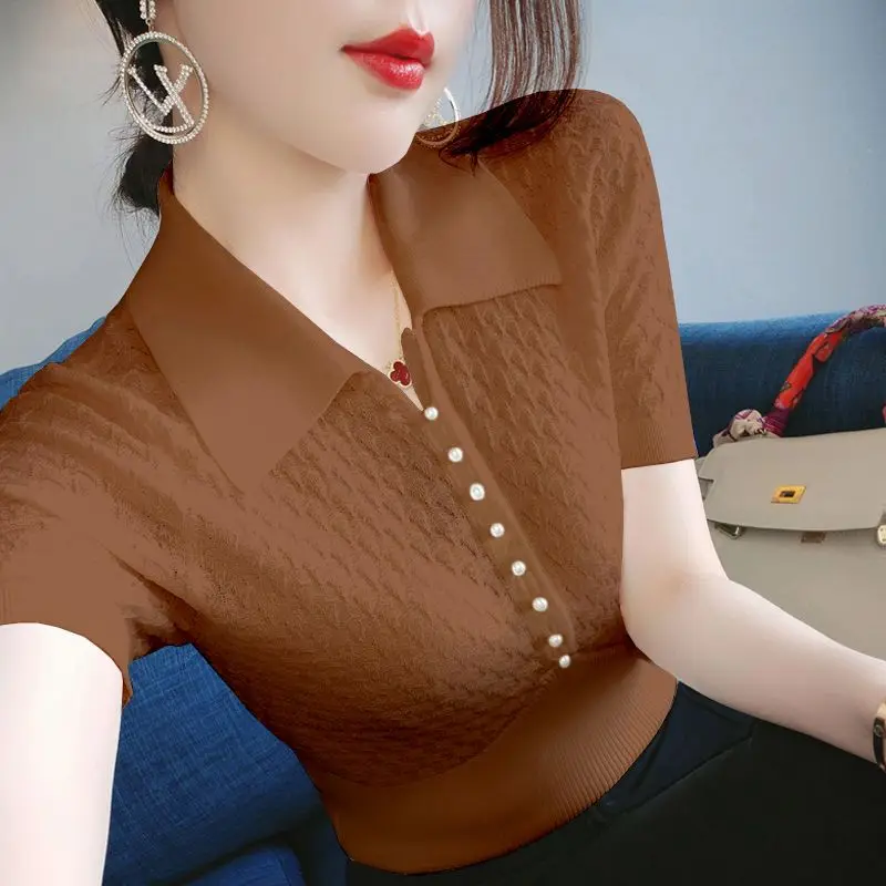 Women's Summer Knitted Short Sleeve T-Shirt Student Korean Slim Fit Large Size Backing Shirt POLO Neck Hollow Top