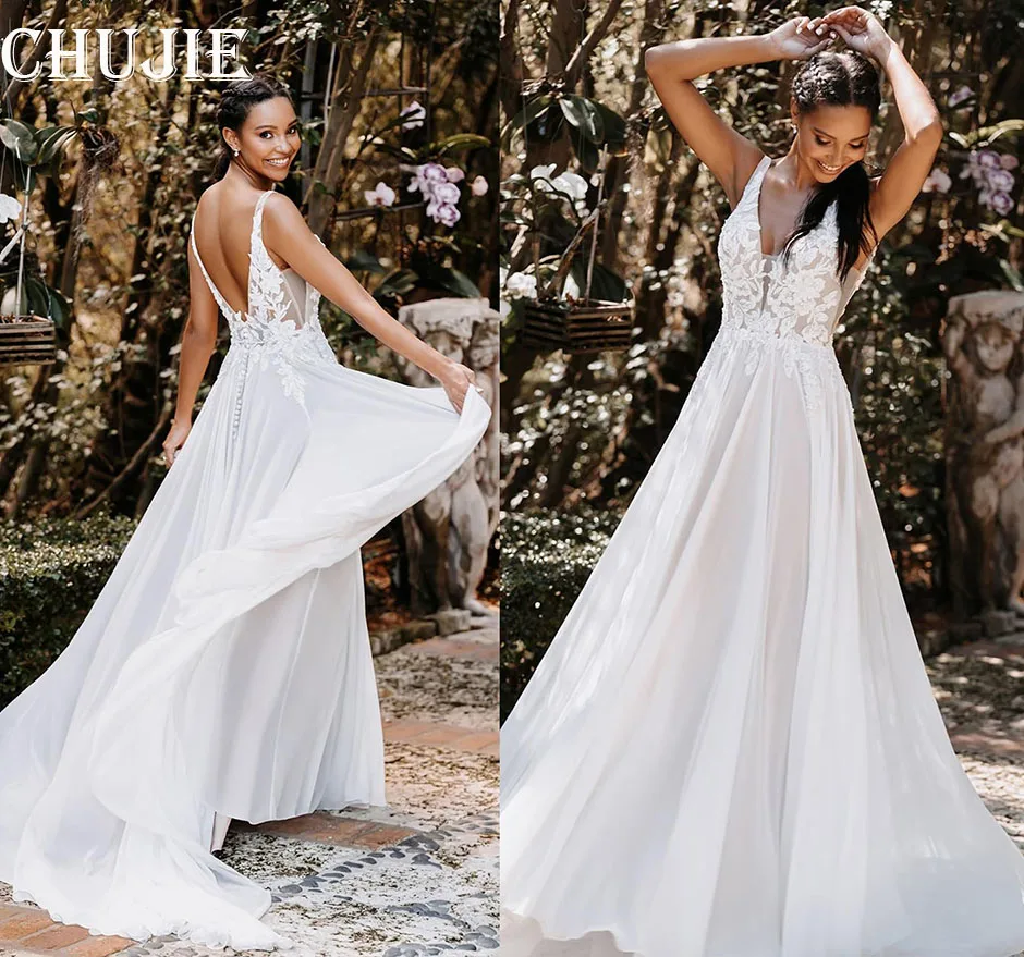 

Lace Appliques Wedding Dresses A Line Pleated Backless Bridal Gowns With Train Custom Made Summer Bridal Gowns Vestido de novia
