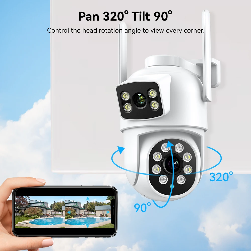 4K 8MP WiFi PTZ Camera Dual Lens 4MP Dual Screen Outdoor IP66 Waterproof Ai Human Auto Tracking Wireless Surveillance Camera