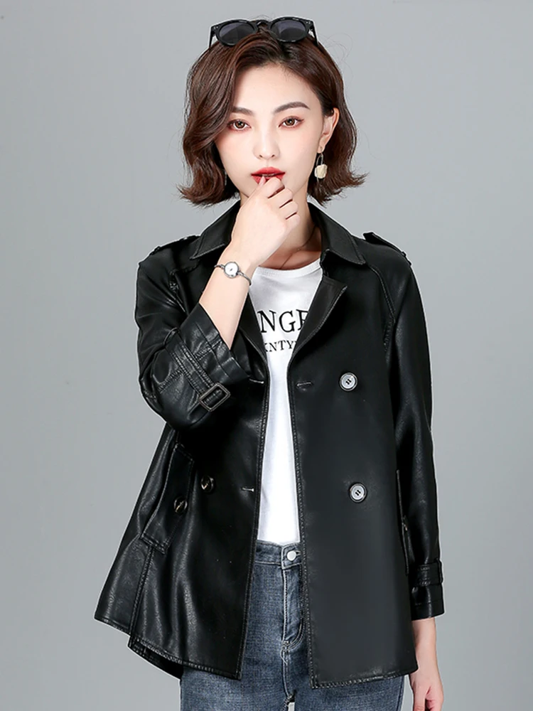  Ning Women's Fashionable Loose Lamb Leather Jacket Short Motorcycle Outerwear Spring Autumn New Style Korean Version