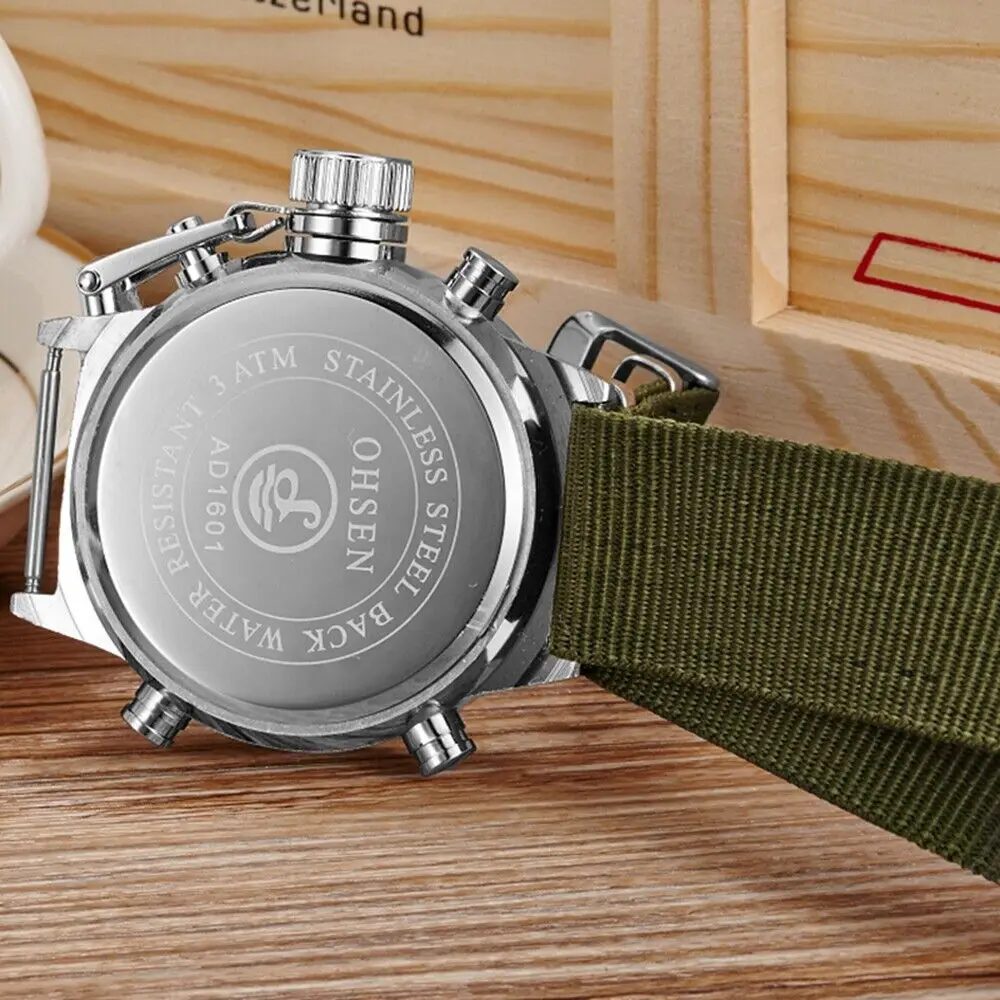 Men Military Wrist Watch Army Green Analog Digital Quartz Nylon Canvas Green Strap Watch