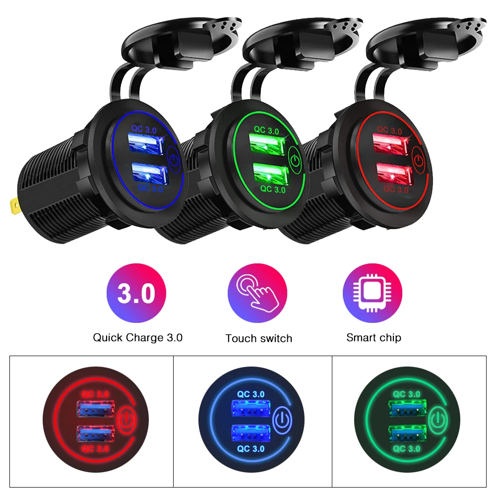

Автомобильное зарядное устройство Quick Charge 3.0 с двумя USB-портами, водонепроницаемое, 12 В/24 В, QC3.0, розетка для быстрого зарядного устройства USB, розетка с сенсорным переключателем