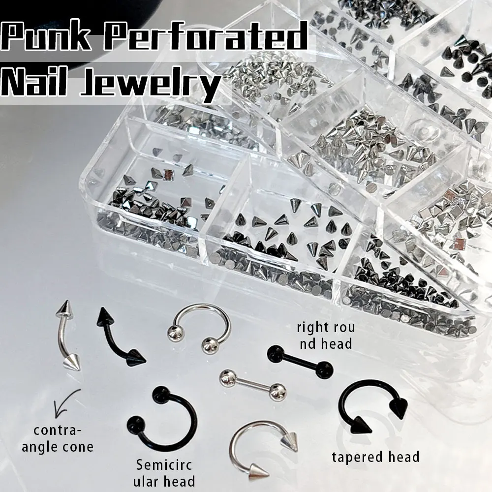4 Stücke Silber Punk Nagel Dekoration Metalllegierung Durchbohrt Nail art Strass Punk Nagel Piercing Kunst Baumeln Charme für Nagelstudio