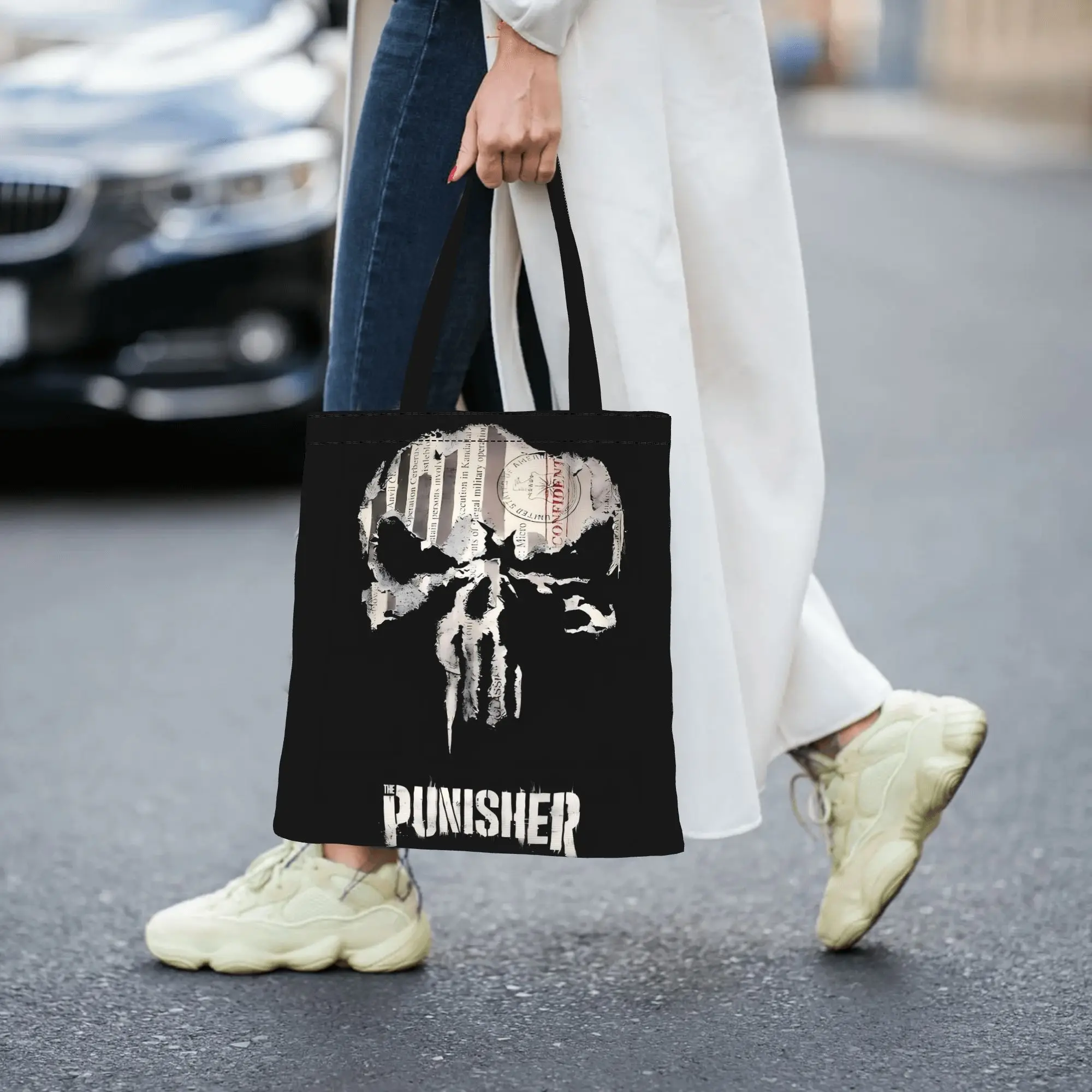 2026 women's bag The Punisher Reusable Double Sided Canvas Tote Bag Shoulder Marvel Handbag
