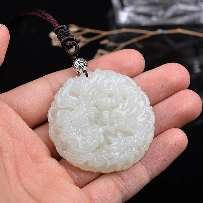 

Кулон с изображением дракона и феникса, круглый нефритовый кулон, модный универсальный кулон.