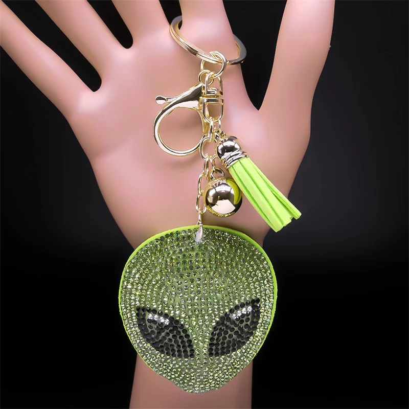 Alien Head Crystal Keychain for Women Men Green Tassel Gold Color Keyring Holder Car Bag Accessories Decorations Jewelry 8731