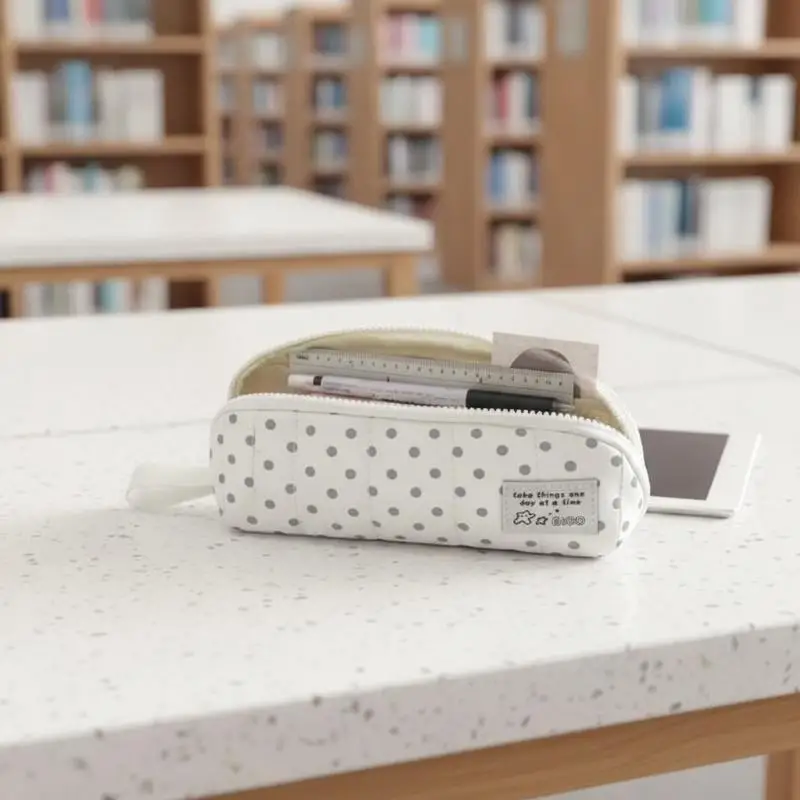 Padded White Polka Dot Pencil Case Cute Appearance Large Storage Space School Stationery Organizer for Student Daily Use