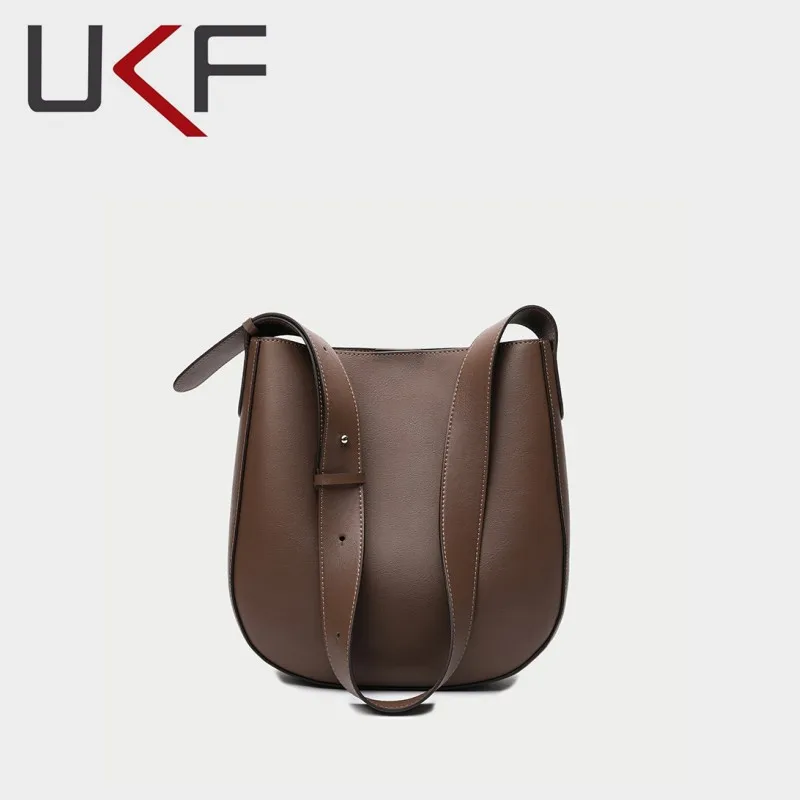 

UKF Solid Color Bucket Bag Soft Leather Women's Shoulder Bag Wide Straps Luxury Elegant Crossbody Bags For Women Bolas Hobos