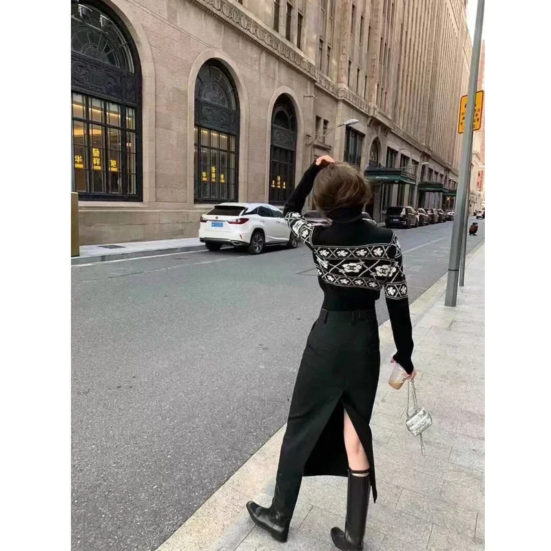 Pop Spring And Autumn High-Waisted Slimming Black A- Line Skirt With Side Slit Women's Fashionable Long Length Hip Covering