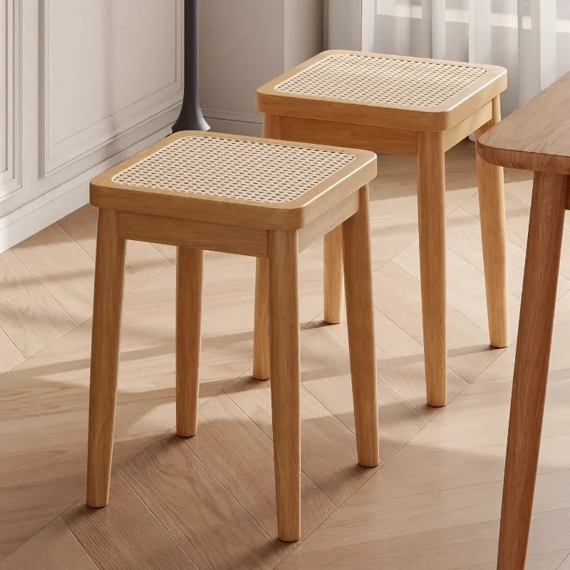 Solid wood rattan stool can be stacked household medieval dining stool retro casual square stool restaurant spare chair high ben