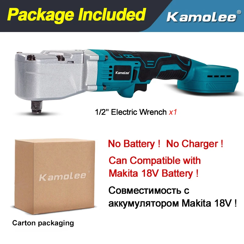 Kamolee 1000NM Brushless 1/2'' Electric Ratchet Wrench 4800RPM Removal Screw Nut Car Repair Power Tool for Makita 18V Battery