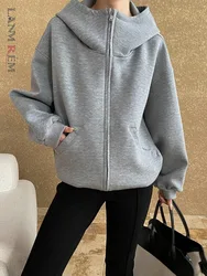 [LANMREM] Casual Loose Hooded Sweatshirt Zipper Cardigan Long Sleeve Gray Minimalism Tops Fashion 2024 Autumn New 26C431