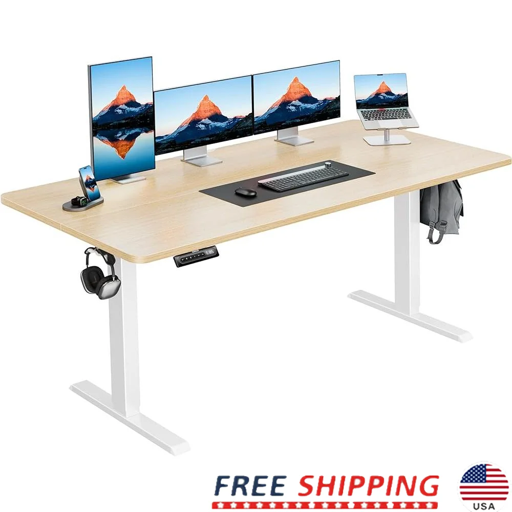 Electric Standing Desk Adjustable Height Memory Settings Cable Management Dual Hooks Anti-Collision System Home Office Gaming